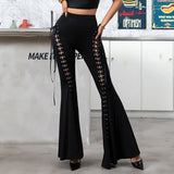 AIDASE  -  Sexy Lace Crossed Belted Hollow out Bell Bottom Pants Chicken Eye Strap Long Trousers Women's Full Length Pants aidase-shop