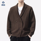 AIDASE  -  New Fashion Autumn Winter Men's Solid Color Turn-down Collar Double-breasted Long Sleeve Knitted Cardigans Male Coats Clothes aidase-shop