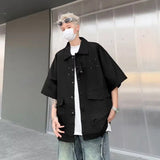 AIDASE  -  American Retro Men's Short Sleeved Shirt Large Pocket Design Casual Shirts Summer Loose Versatile Male Tops Clothing aidase-shop