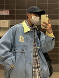 Japan Retro Lapel Denim Jacket Cityboys Punk Loose Jacket Autumn Hong Kong Style Hip Hop Handsome Stitching Jeans Coat aidase-shop