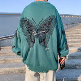 Hem cut butterfly sweater coat national tide high street American style loose fashion color matching round neck sweater loose