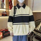 AIDASE  -  Retro American Color Block Sweatshirt Loose Polo Shirt for Couples Turn Collar Outerwear Summer Thin Casual Loose Fit Top aidase-shop