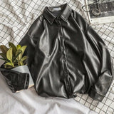AIDASE  -  Unisex Leather PU Shirts High Street Men Women American High-end High-street Long-sleeve Loose Couple Jackets Preppy aidase-shop