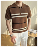 AIDASE  -  Summer Striped Knitted Shirt for Men, Business Casual Short Sleeve POLO, Half-Zip Breathable T-Shirt.Stretchable aidase-shop