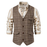 AIDASE  -  Spring New Casual Mens Woolen Waistcoats Vintage Plaid Textured Button Vest Jackets Men Fashion V Neck Sleeveless Jacket aidase-shop