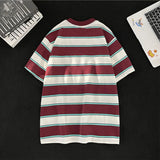 AIDASE  -  Japanese Couple Color-blocking Short-sleeved T-shirt Hong Kong Style Loose Trend Striped Heavy Round Neck Half-sleeved T-shirt aidase-shop
