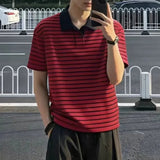 AIDASE  -  Red Striped Polo Shirt Short Sleeve Loose Fit Summer Slimming Turn Collar T-Shirt Premium Feeling Fitness Sport Sweatshirt aidase-shop