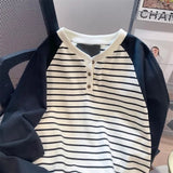 AIDASE  -  American Retro Black White Striped Contrast Sweatshirt Women Chic Hong Kong Style Spring Autumn Vintage Raglan Long-sleeved Top aidase-shop