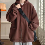 Hop Style Hooded Sweatshirt Men Sweatshirt Coat Hop Style Loose Fit Jacket Men's Solid Color Waffle Texture Coat with for Autumn aidase-shop