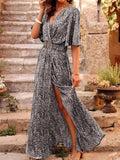 AIDASE  -  Spring Summer Floral Print Slimming Waist Midi Dress Elegance Short Sleeve V-Neck Dress Regular Sleeve Length Ankle-Length aidase-shop