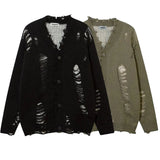 Aidase Mens Autumn Winter Ripped Sexy Cardigan Knitted Sweater Essential Hollow American High Street Loose Knitted Jacket For Couples aidase-shop