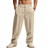 AIDASE  -  Men's High Waist Linen Wide Leg Pants with Button Detail Elastic Drawstring Casual Trousers for Men aidase-shop