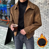 Elegant Solid Brown Coat Men's Spring Autumn High-end Loose Lapel Plush Top Winter New Zipper Short Jacket Vintage Streetwear aidase-shop
