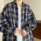AIDASE  -  Men Clothing Spring Autumn Trendy Vintage Classic Plaid Print Lapel Button Up Shirt Y2K Casual Long Sleeve Oversized Cotton Tops