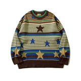 Aidase Vintage Striped Sweater Men Pentagram Print Color Contrast Trendy Comfortable Round Neck Loose High Street Harajuku Couple Knit