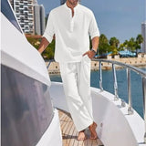 AIDASE  -  Men's Cotton and Linen Shirt Long Pants Two-piece Set Fashionable Henry Collar Long Sleeved Shirt Casual Vacation Beach Pants aidase-shop