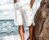 AIDASE  -  Men's Solid Color Drawstring Shorts 100% Cotton Summer Thin Loose Beach Shorts with Side Buttons Linen-Like Breathable Pockets aidase-shop