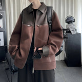 AIDASE  -  Trend Men's Jacket PU Leather Faux Suede Patchwork Design Contrast Color Casual Long Sleeve Lapel Male Coat Tide 21E7100 aidase-shop