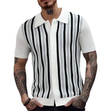 Aidase Men's Business Striped Knitted Polo Shirt Light Luxury Leisure Turn Down Collar Button Short Sleeve Shirts Breathable Knitwear