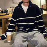 AIDASE  -  Winter Thiened Knitted Stripe Sweater Men Outerwear Lazy Zipper Collar Knitted Jaet Faion College Sle Youth Vitali aidase-shop