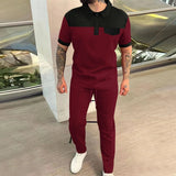 AIDASE  -  Men's New Waffle Color Patchwork Lapel Button Polo Shirt Short Sleeve Shirt Solid Color Trousers Two Men's Suit aidase-shop