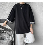 AIDASE  -  Spring Summer Men's Ice Silk T-shirts Women Oversized Plaid T-shirt Korean Style Casual Seven sleeves T-Shirt Male aidase-shop