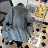 AIDASE  -  American Red Star Print Y2K Sweaters Women Patchwork Knitted Jumpers Tops Loose Female Design Turn Down Collar Pullovers Tops aidase-shop