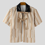 AIDASE  -  Men Shirt Striped Patchwork Lapel Short Sleeve Lace Up Men Clothing Summer Loose Streetwear Fashion Casual Tops Men aidase-shop
