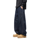 AIDASE  -  Autumn Winter New Fashion American Style Men's Dark Blue Solid Color Casual Trendy Simple Basic Wide Leg Loose Jeans Pants aidase-shop