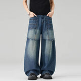 AIDASE  -  Men's Blue Spliced Casual Trendy Simple Basic Cool Baggy Wide Leg Denim Trousers Male American New Fashion Clothes Jeans Pants aidase-shop