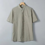 AIDASE  -  Summer Short Sleeve Cotton Linen Shirts Men Solid Casual Stand Collar Shirt Male Breathable Loose Daily Blouse Tops Plus Size aidase-shop