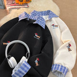 Aidase Plaid Patchwork Fake Two Sweatshirt College Style Puppy Embroidery POLO Collar Sweatshirt Men Women Loose Pullover Tops