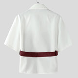 AIDASE  -  Men Shirt Patchwork Lapel Short Sleeve Lace Up Casual Men Clothing With Belt Streetwear 2025 Fashion Male Shirts Tops aidase-shop