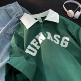 27.16Aidase Trendy hip-hop men and women American Polo shirts half zippered short sleeved couple retro student street casual T-shirt top aidase-shop