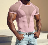 Aidase Tops American Style Fashion Sexy Men's Mesh Splicing T-shirts Male Casual Elastic Breathable Short Sleeved Camiseta