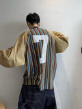 AIDASE  -  Plus Size Men's Autumn Long-sleeved shirt Korean Style Retro All-match Letter Print Striped Patchwork Raglan Sleeve V-neck Top aidase-shop