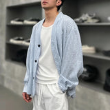 AIDASE  -  Men Shirt Striped V Neck Long Sleeve Button Casual Men Clothing Streetwear Loose Korean Style Tops Fashion Male Shirts aidase-shop