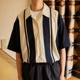 Aidase  Men Trendy Japanese Style Vintage Striped Patchwork Button Down Shirt New Summer Youth Harajuku Y2K Short Sleeve Loose Tops aidase-shop