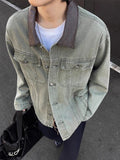 AIDASE  -  Casual Long Sleeve Leather Collar Outerwear Men Vintage Patchwork Buttoned Lapel Denim Coats Mens Spring Fall Fashion Outerwear aidase-shop