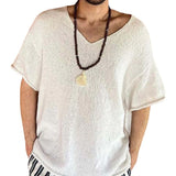 Aidase Mens Hollow Casual Knitted Tops Genderless 2024 Summer New Fashion Vacation White Loose Breathable Short Sleeve T-Shirt Unisex aidase-shop