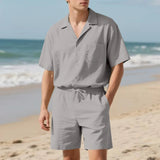 AIDASE  -  Summer Daily Casual Mens Two Pieces Sets Short Sleeve Button-up Lapel Shirt And Shorts Beach Outfits Men Solid Color Suits aidase-shop