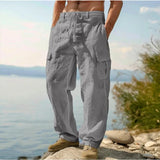 AIDASE  -  Men's Cotton Linen Cargo Pants Elastic Waist Drawstring Multi-Pocket Loose Wide Leg Casual Summer Trousers For Hiking Travel aidase-shop