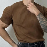 Aidase Summer New Men Thin Knitted T Shirts Slim Fit Elastic Short Sleeve O Neck Tee Fashion Solid Color Ribbed Muscle T-shirt Male