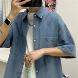 AIDASE  -  Men's Denim Short Sleeve Shirt Summer Korean Style Trendy Loose Cardigan Lapel Single Breasted Casual Male Tops aidase-shop