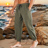 AIDASE  -  Men's Striped Linen Blend Beach Pants Elastic Waist Drawstring Casual Trousers aidase-shop