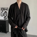 AIDASE  -  Spring New Jacquard Long Sleeved Design Loose Men's Shirt Solid Color V-neck Solid Color Male Tops aidase-shop