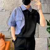 Aidase Fashion Stripe Patchwork Polo Shirts For Men Short sleeve Tee Tops Summer Trendy Contrast Color  Fake Two Polos Tshirts Clothing