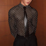 AIDASE  -  Men Shirt Polka Dot Printing Lapel Long Sleeve Button Men Clothing Mesh See Through Loose Fashion Male Shirts Streetwear aidase-shop