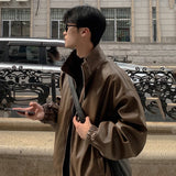 Aidase American Casual Trendy PU Leather Men's Jacket Autumn New Loose Solid Color Stand Collar Male Tops Korea Fashion aidase-shop