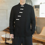 Aidase Spring and Autumn New Oriental Men's Shirt Hanfu Chinese Top Cotton Hemp Street Casual Vintage T-shirt